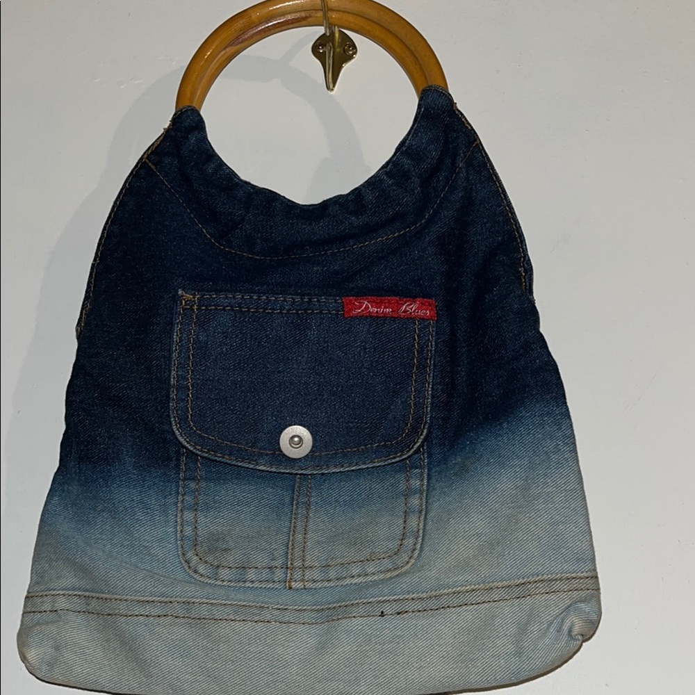 Denim Clutch with Wooden Handle